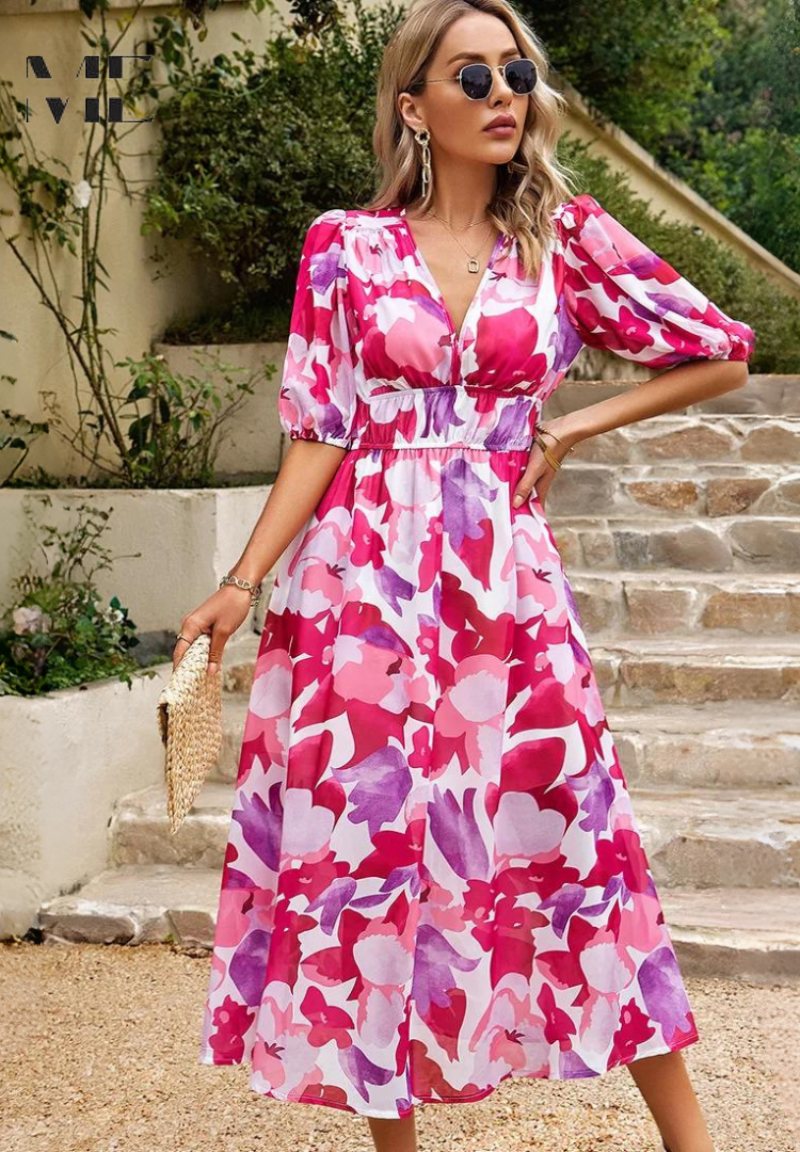 Women's Elegant Floral Midi Evening Dress with Puff Sleeves