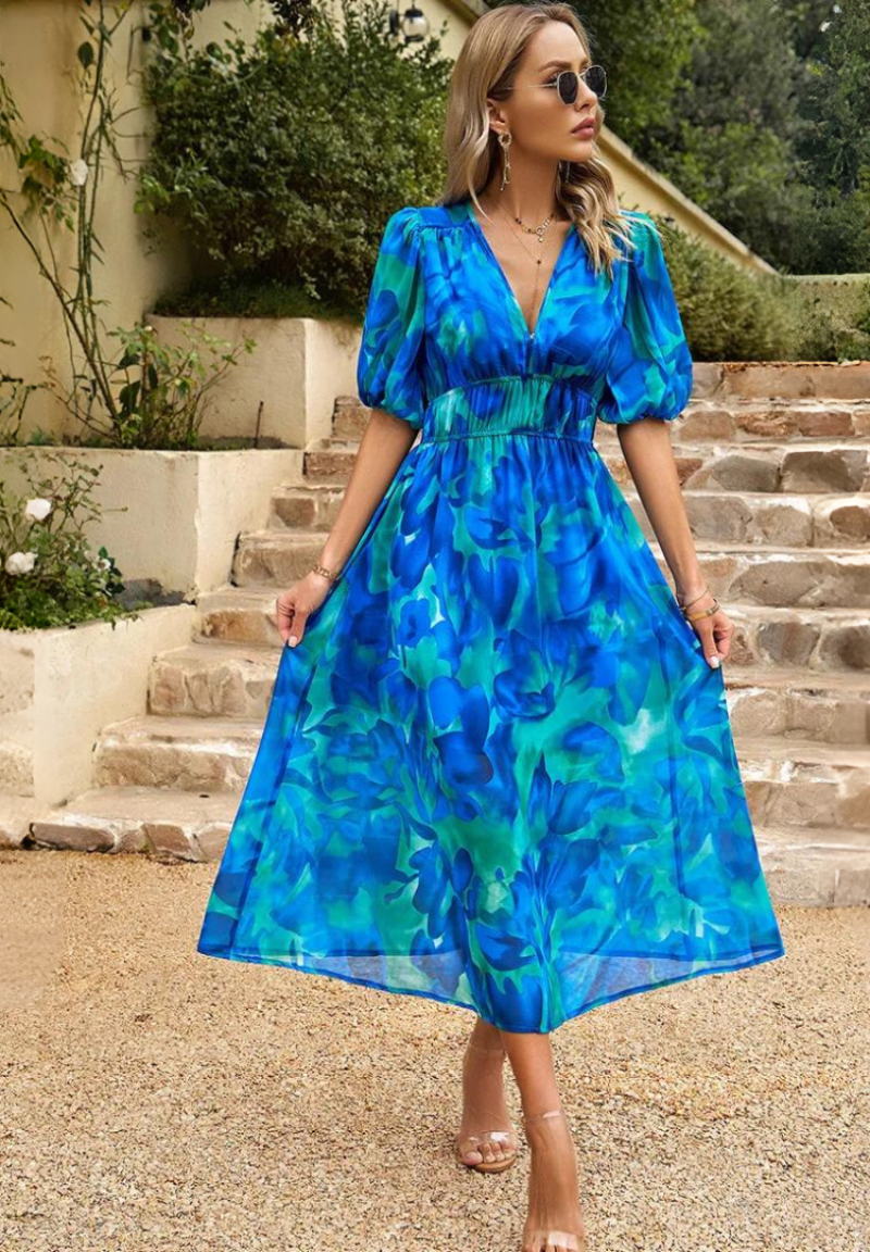 Women's Elegant Floral Midi Evening Dress with Puff Sleeves
