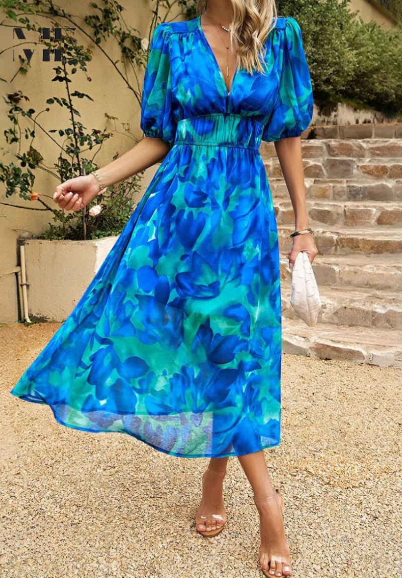 Women's Elegant Floral Midi Evening Dress with Puff Sleeves
