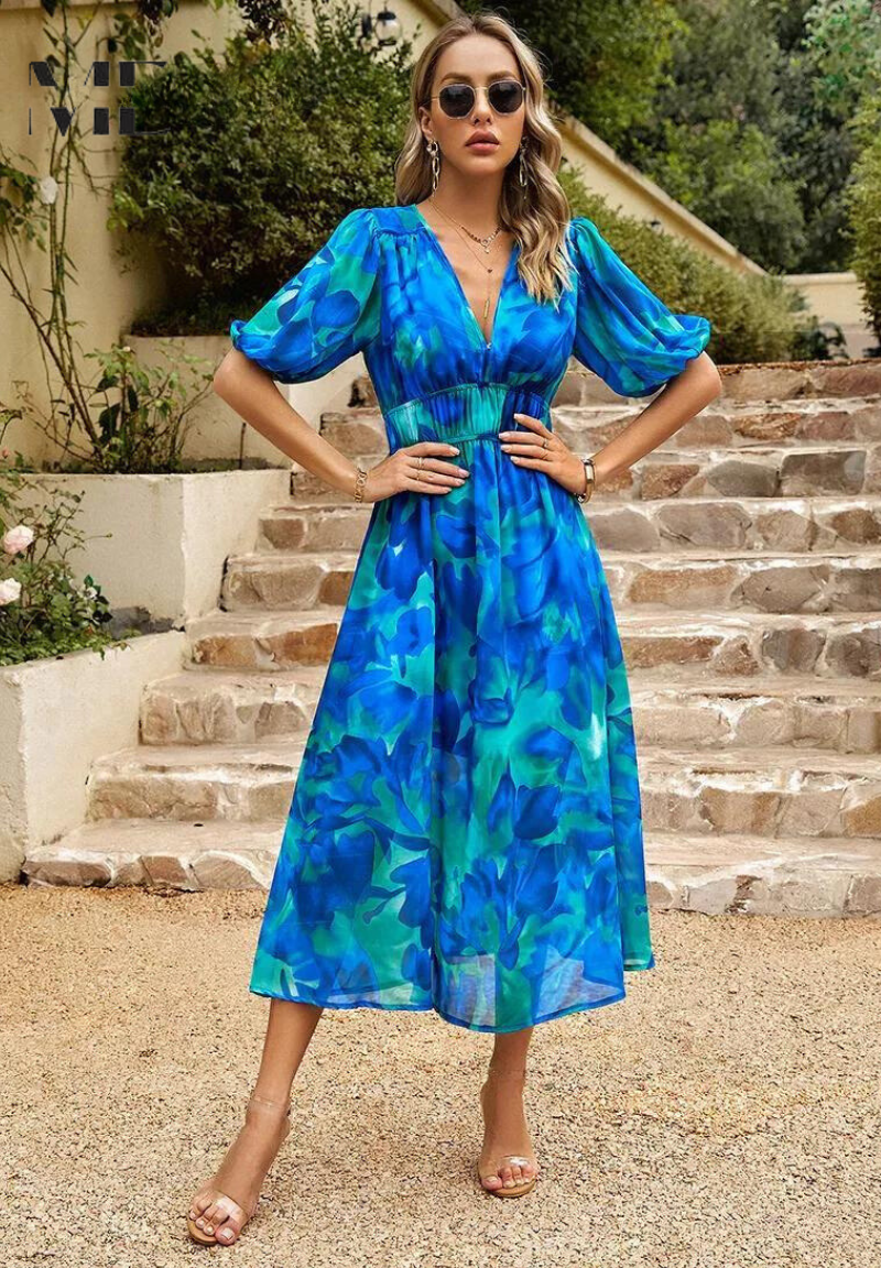 Women's Elegant Floral Midi Evening Dress with Puff Sleeves