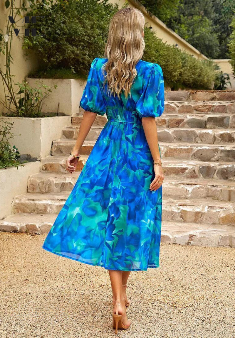 Women's Elegant Floral Midi Evening Dress with Puff Sleeves