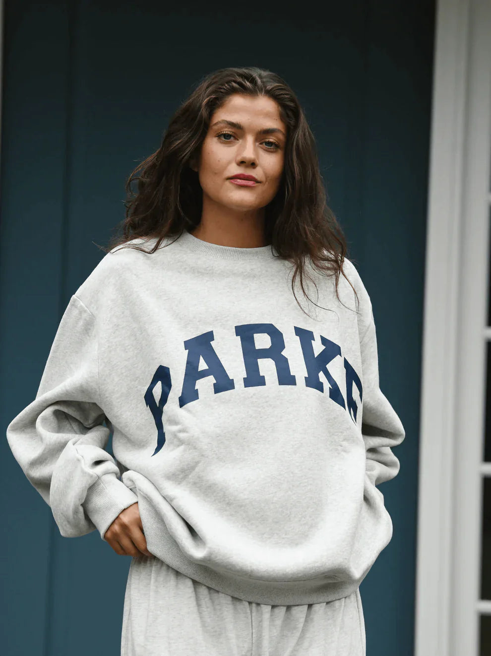 Women's Oversized Crewneck Sweatshirt with Chenille Collegiate Print