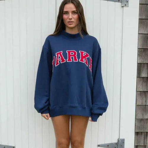 Women's Oversized Crewneck Sweatshirt with Chenille Collegiate Print