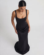 Women's Pleated Maxi Dress Off-Shoulder Cinched Waist Sling Dress