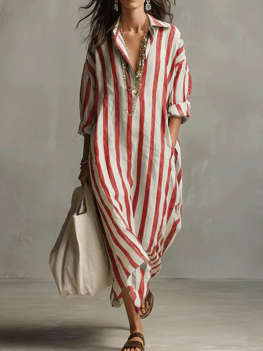 Women's Relaxed Linen Shirt Midi Dress with Button Detail
