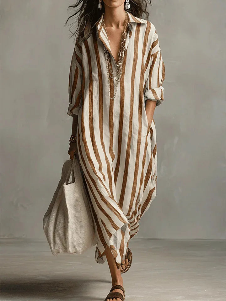 Women's Relaxed Linen Shirt Midi Dress with Button Detail