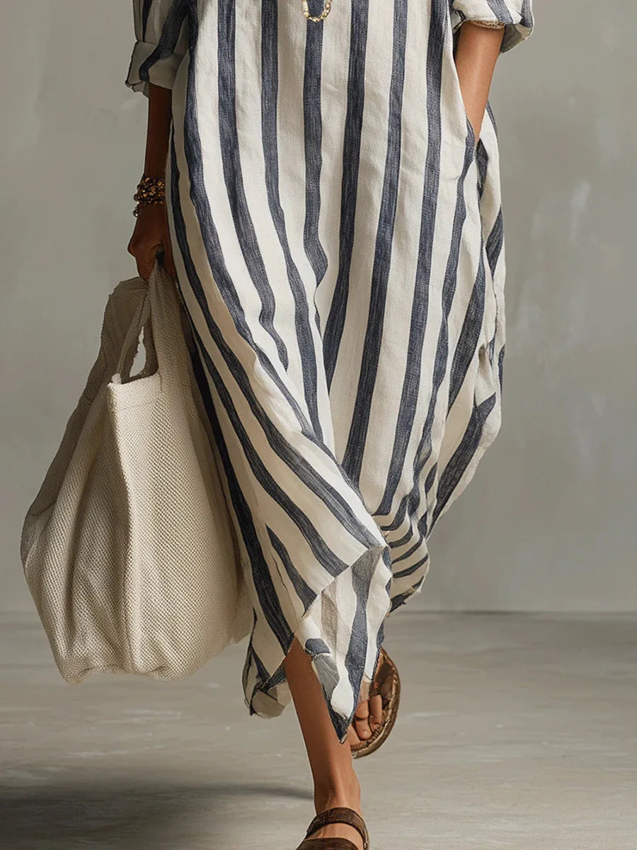 Women's Relaxed Linen Shirt Midi Dress with Button Detail