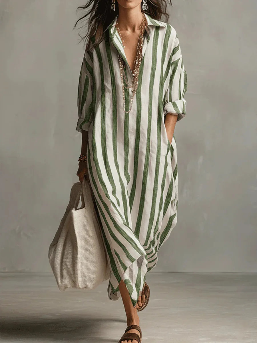 Women's Relaxed Linen Shirt Midi Dress with Button Detail