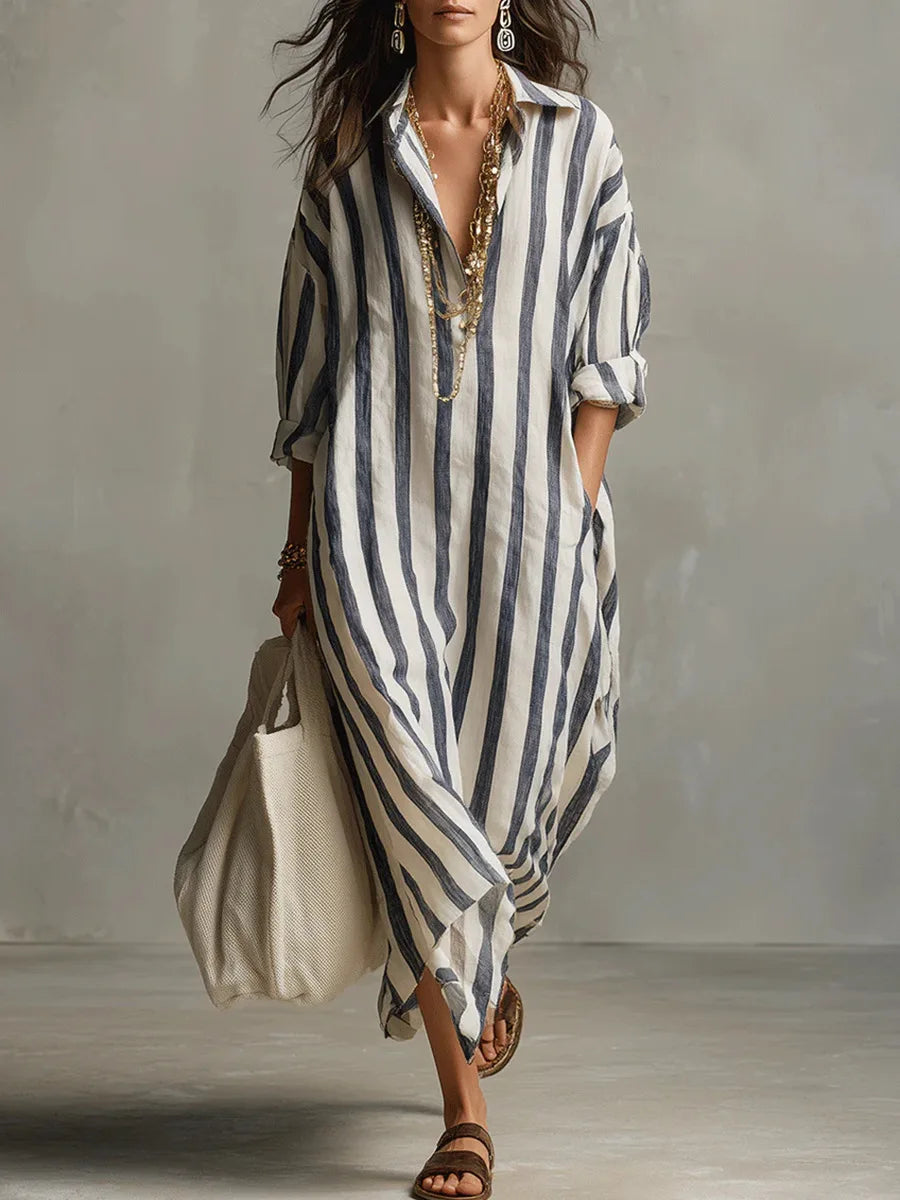 Women's Relaxed Linen Shirt Midi Dress with Button Detail