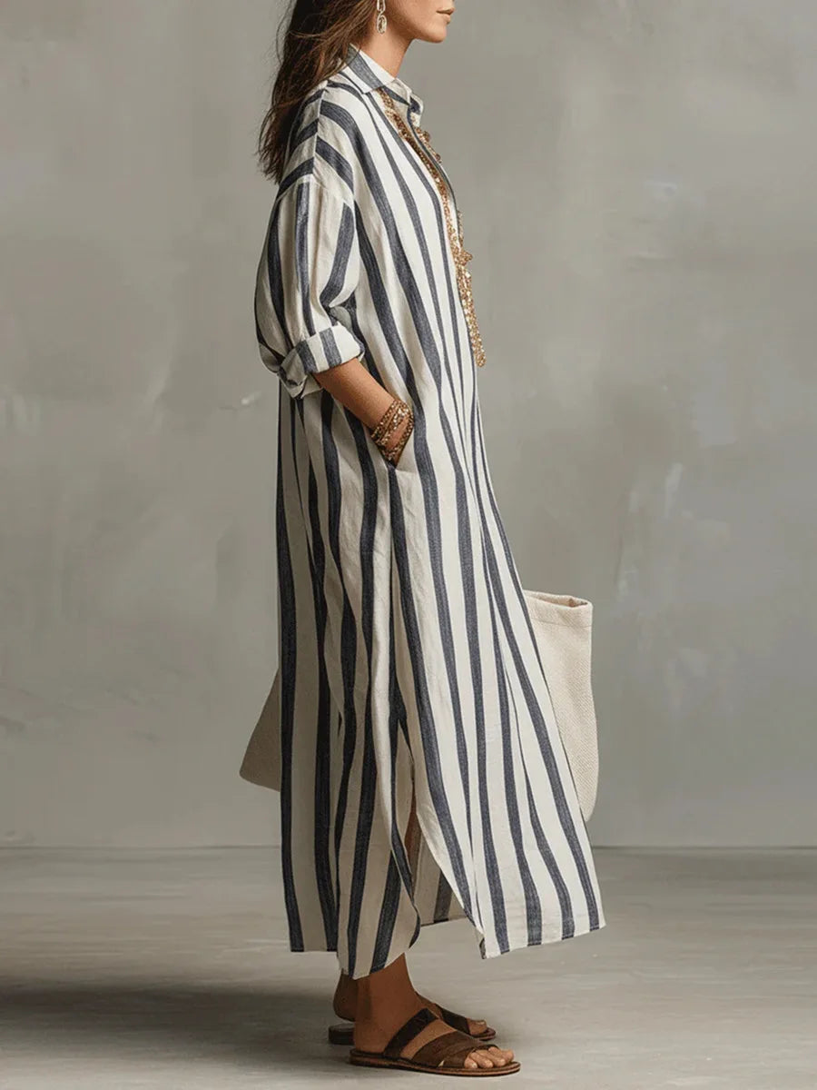 Women's Relaxed Linen Shirt Midi Dress with Button Detail