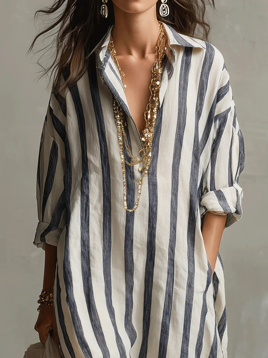 Women's Relaxed Linen Shirt Midi Dress with Button Detail