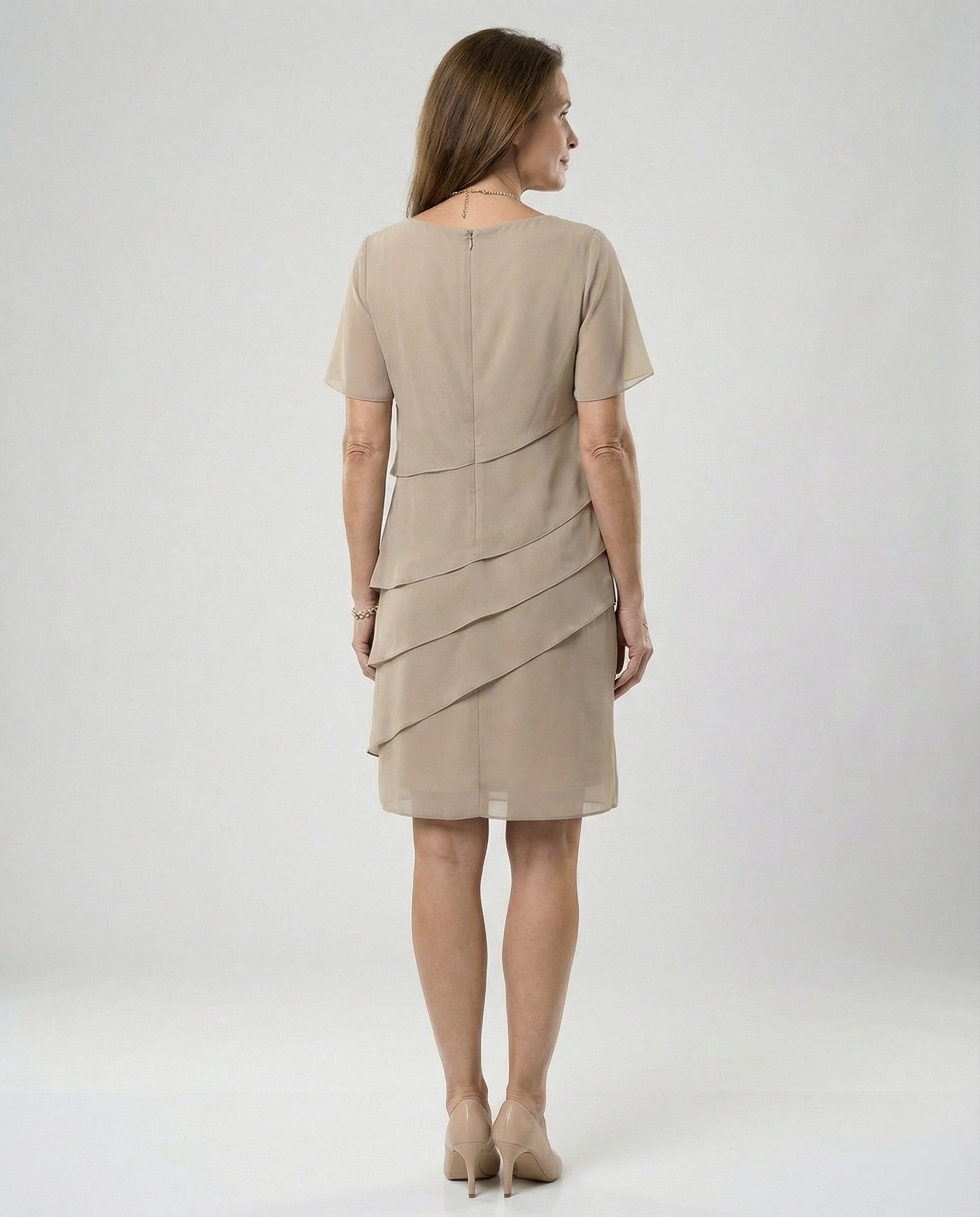 Women's Chiffon Evening Dress with Layered Short Sleeve Detail