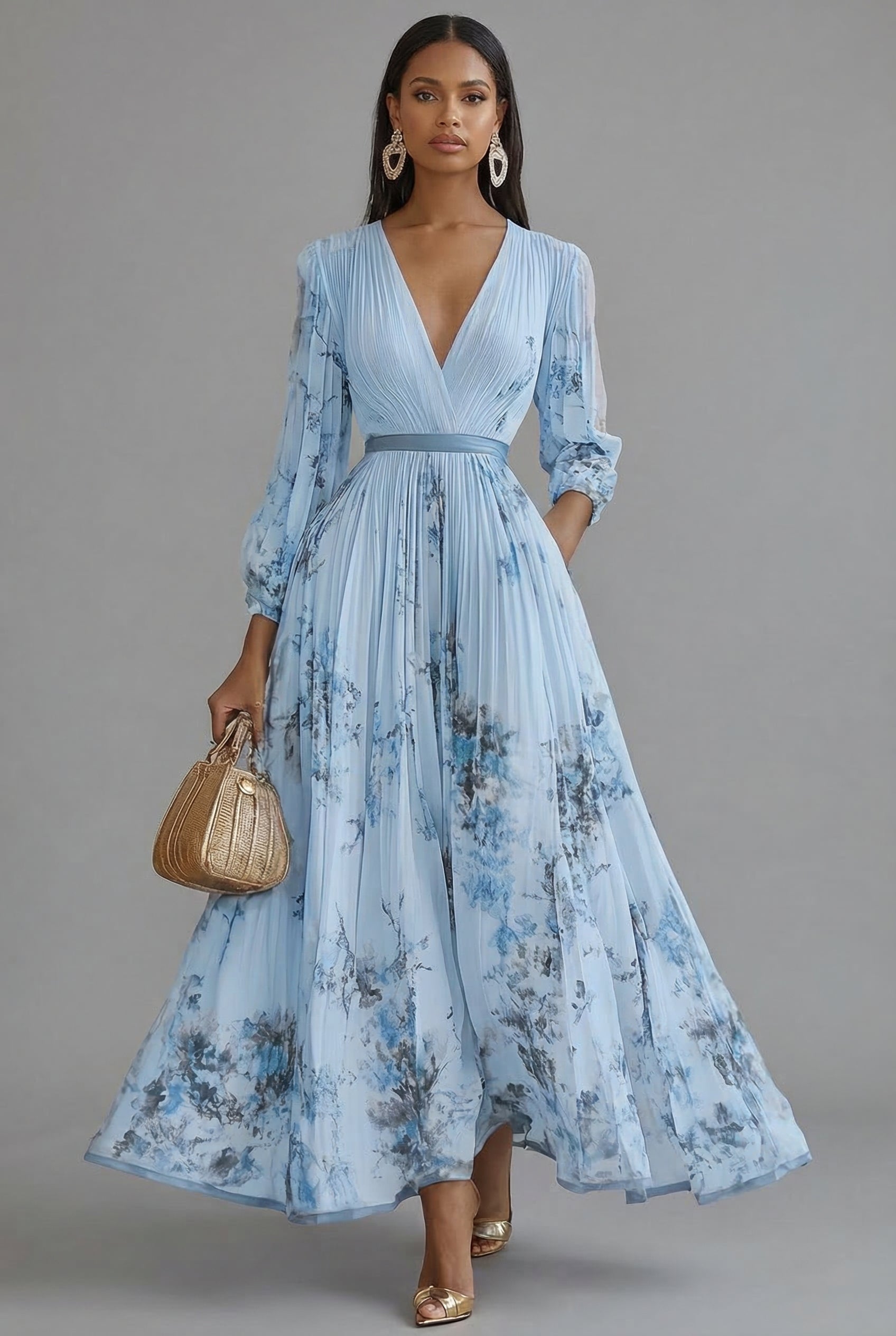 Women's Floral Maxi Dress V-Neck Long Sleeve Wedding Guest