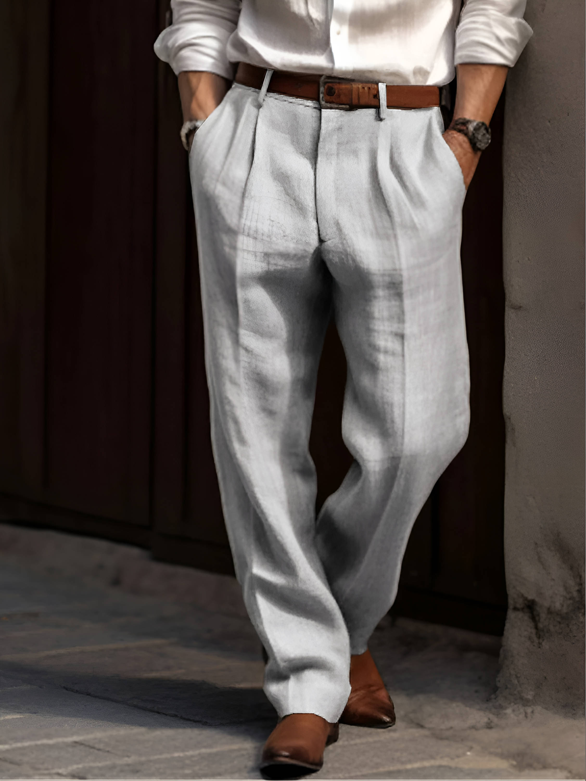 Men's Classic Pleated Linen Trousers Breathable Smart Casual Wear
