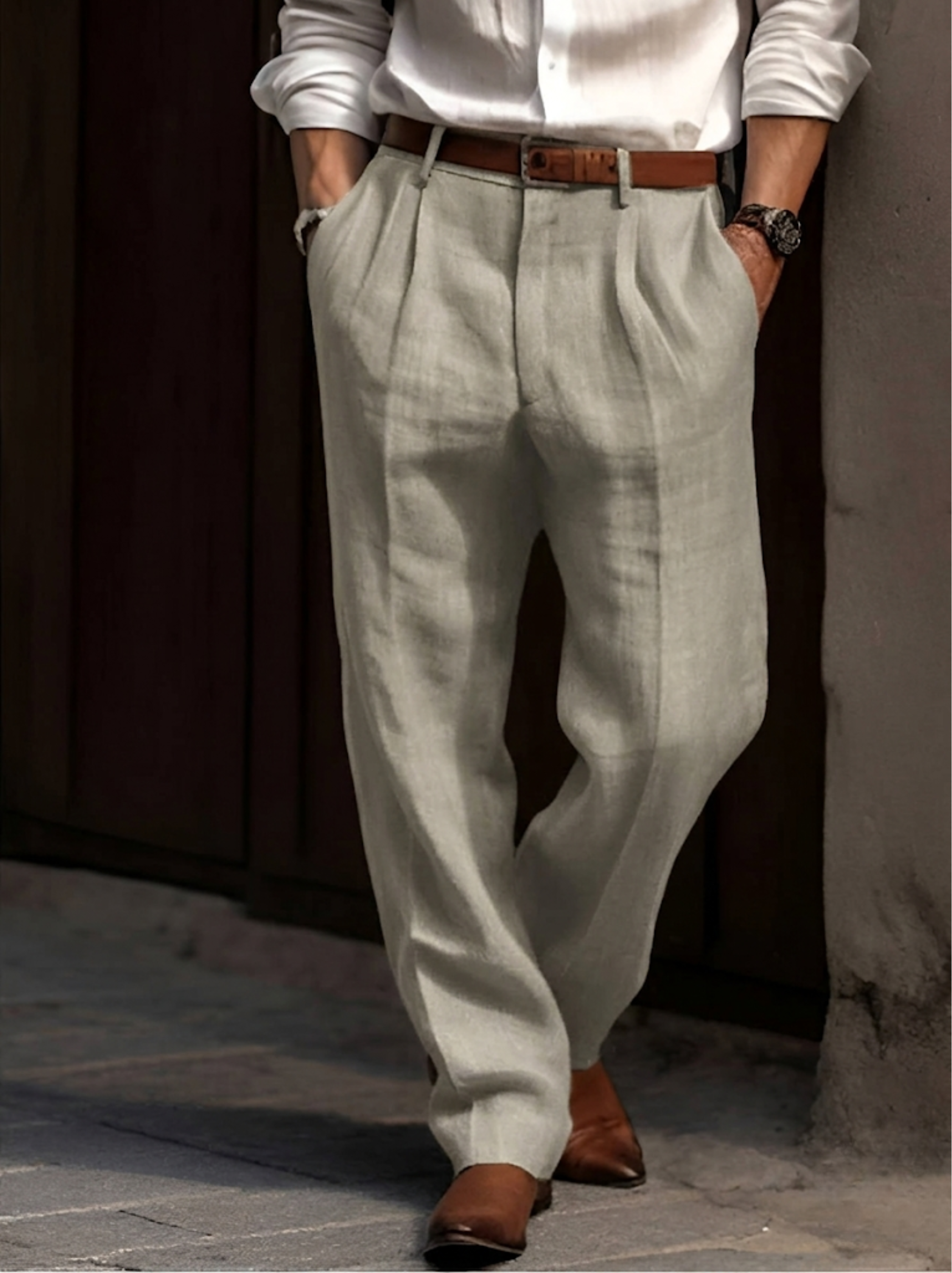 Men's Classic Pleated Linen Trousers Breathable Smart Casual Wear