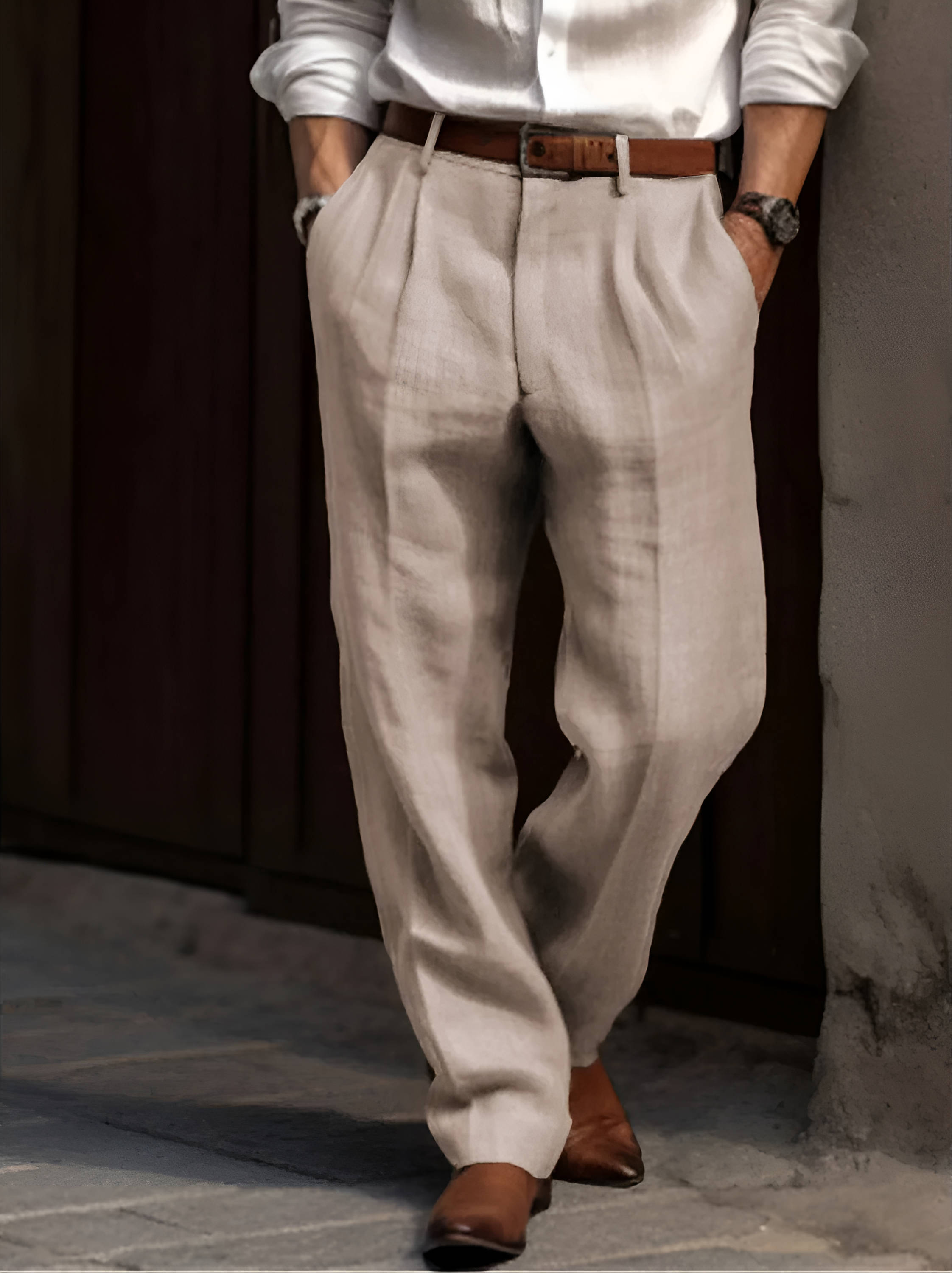 Men's Classic Pleated Linen Trousers Breathable Smart Casual Wear