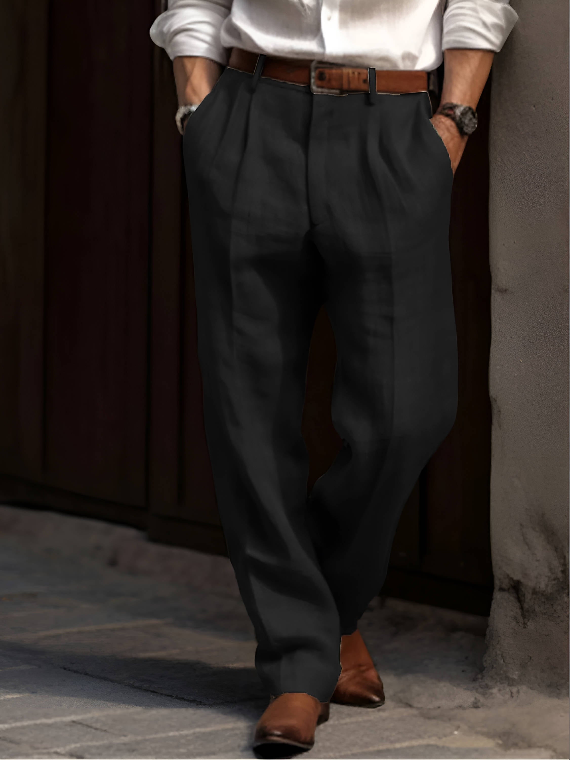 Men's Classic Pleated Linen Trousers Breathable Smart Casual Wear