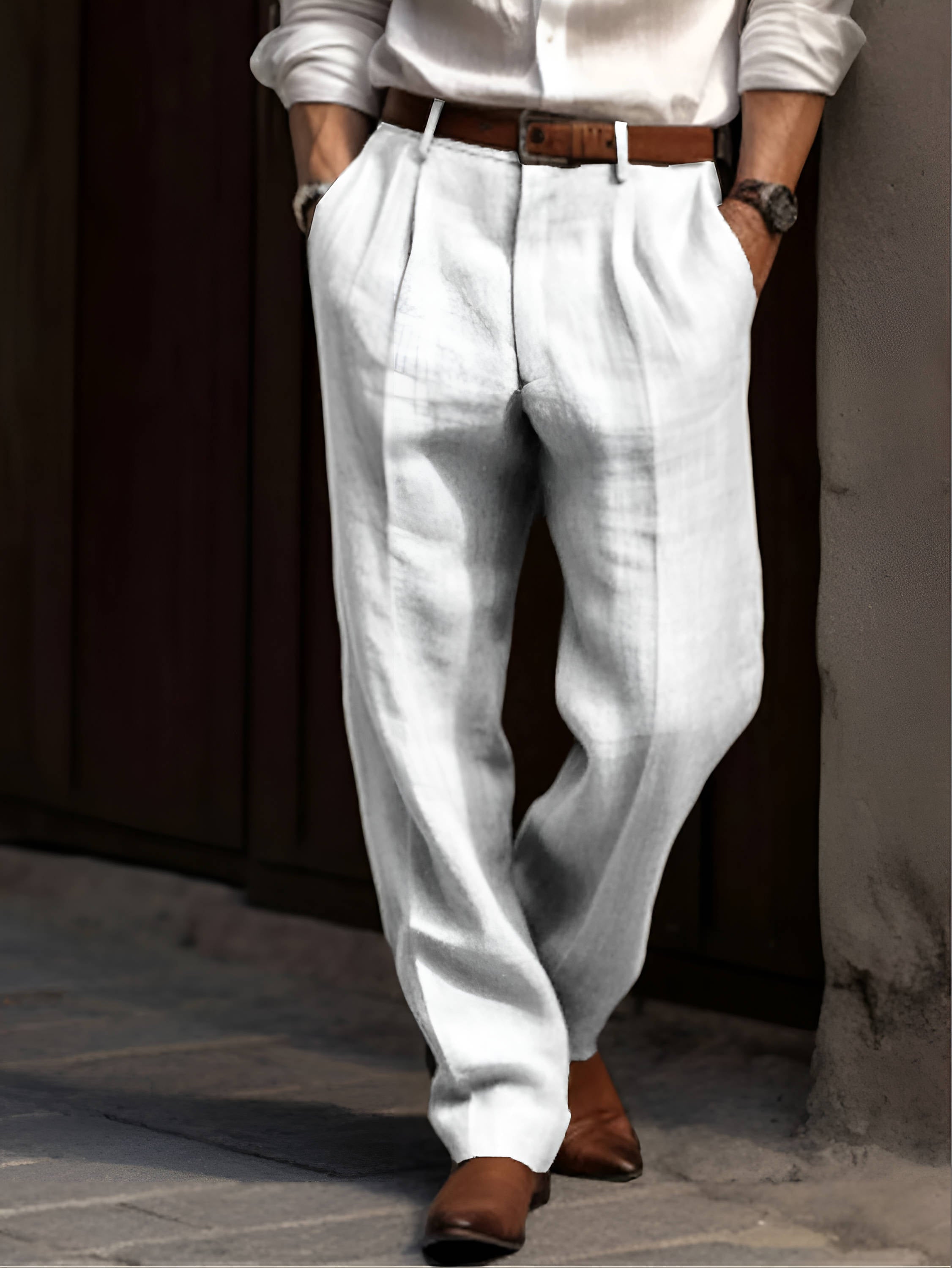 Men's Classic Pleated Linen Trousers Breathable Smart Casual Wear