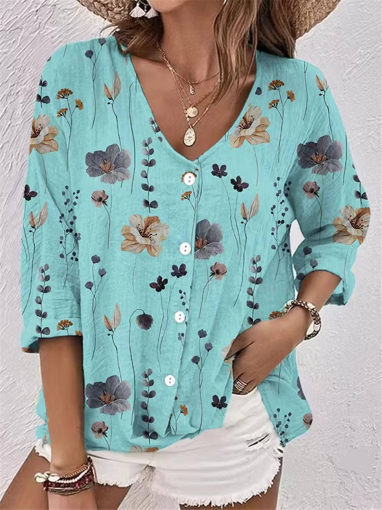 Women's Printed V-Neck Blouse Three Quarter Sleeve Button Front Relaxed