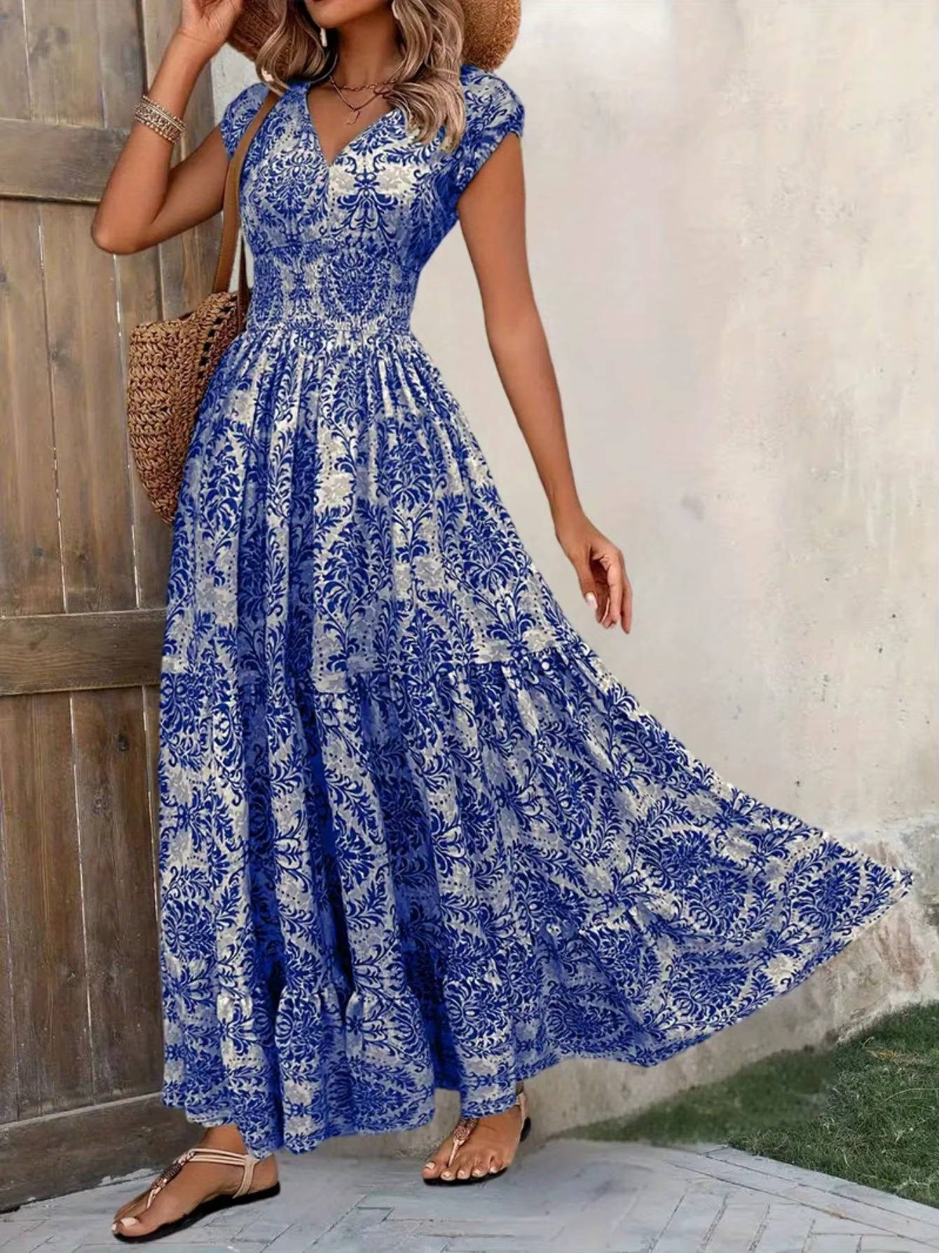 Women's Boho Smocked Maxi Summer Dress Short Sleeve Tiered Print Sundress