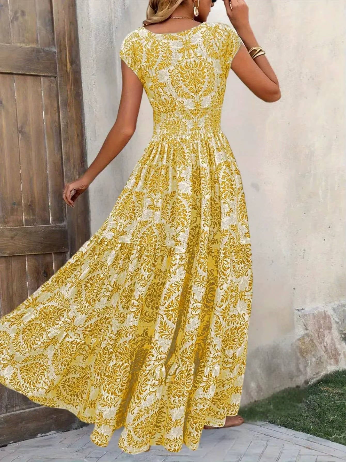Women's Boho Smocked Maxi Summer Dress Short Sleeve Tiered Print Sundress