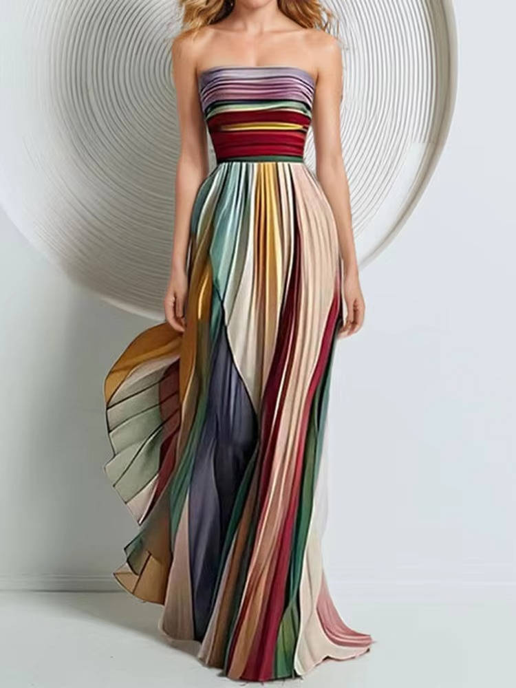 Women's Strapless Pleated Chiffon Maxi Holiday Dress