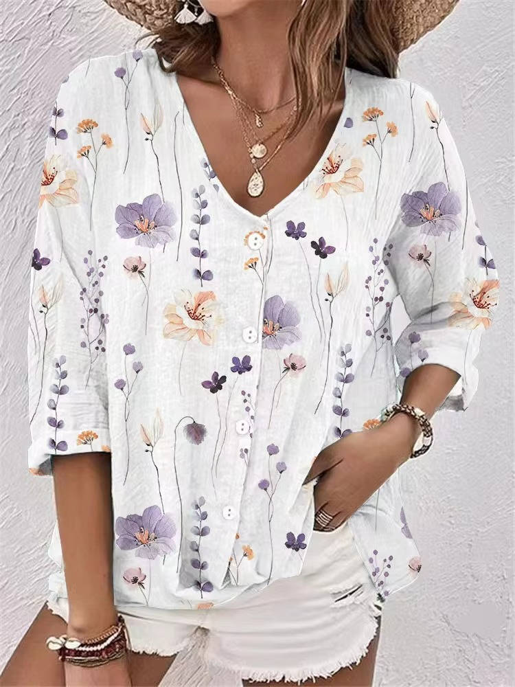 Women's Printed V-Neck Blouse Three Quarter Sleeve Button Front Relaxed