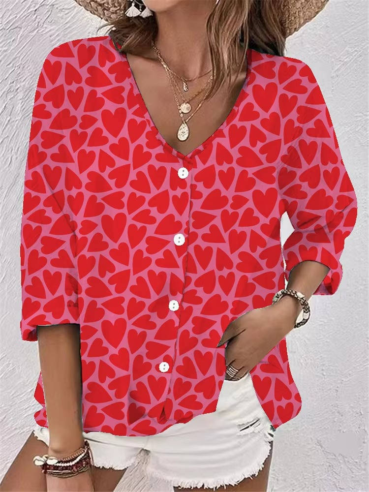 Women's Printed V-Neck Blouse Three Quarter Sleeve Button Front Relaxed
