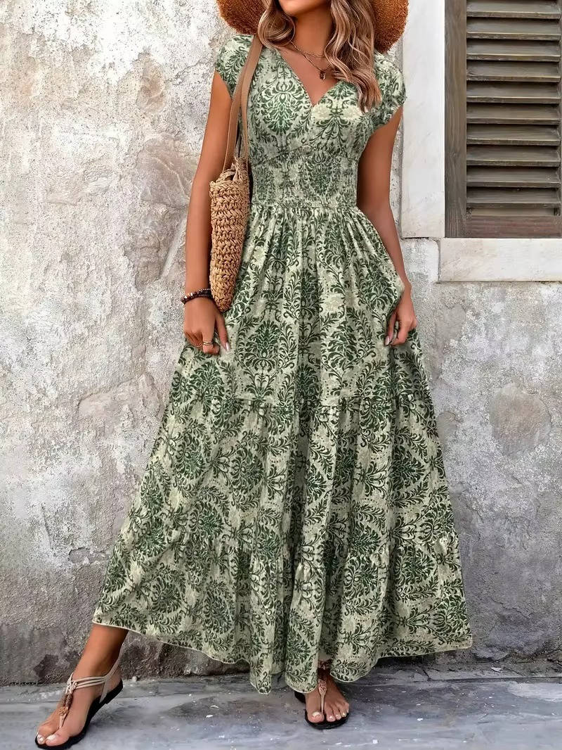 Women's Boho Smocked Maxi Summer Dress Short Sleeve Tiered Print Sundress