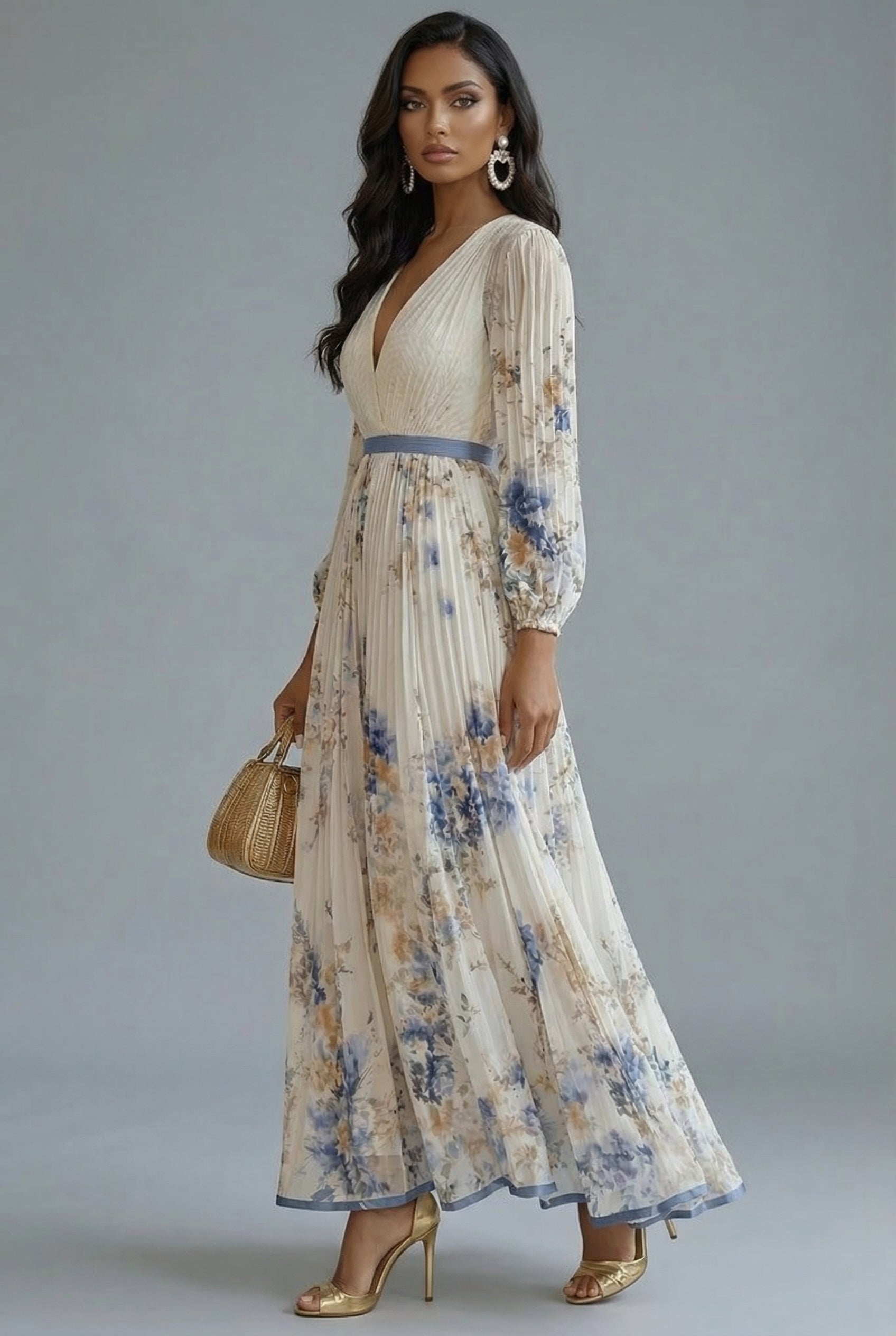 Women's Floral Maxi Dress V-Neck Long Sleeve Wedding Guest