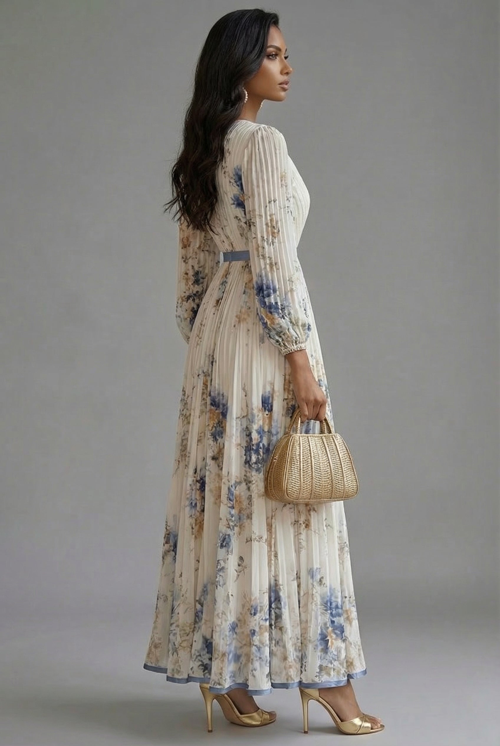 Women's Floral Maxi Dress V-Neck Long Sleeve Wedding Guest