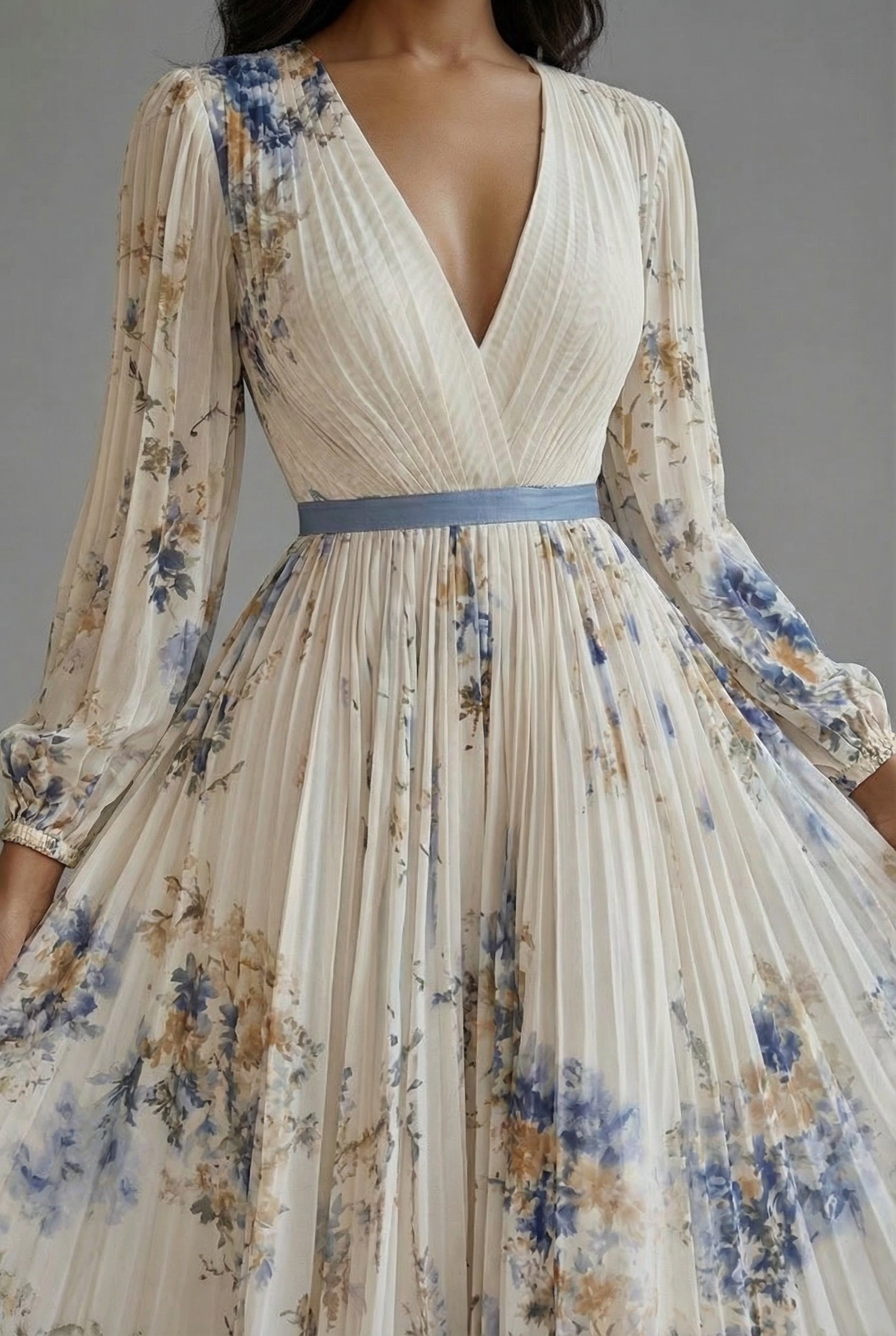 Women's Floral Maxi Dress V-Neck Long Sleeve Wedding Guest