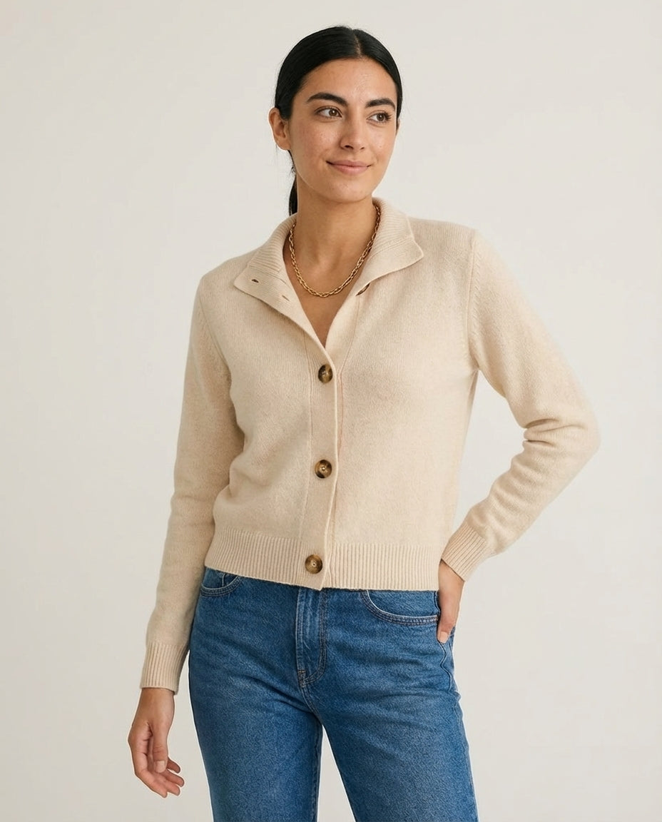Women's Cashmere Blend Cardigan Half-High Neck Bold Button Detail