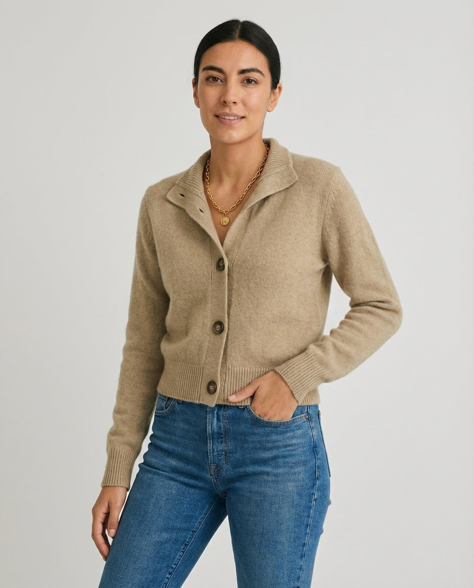 Women's Cashmere Blend Cardigan Half-High Neck Bold Button Detail
