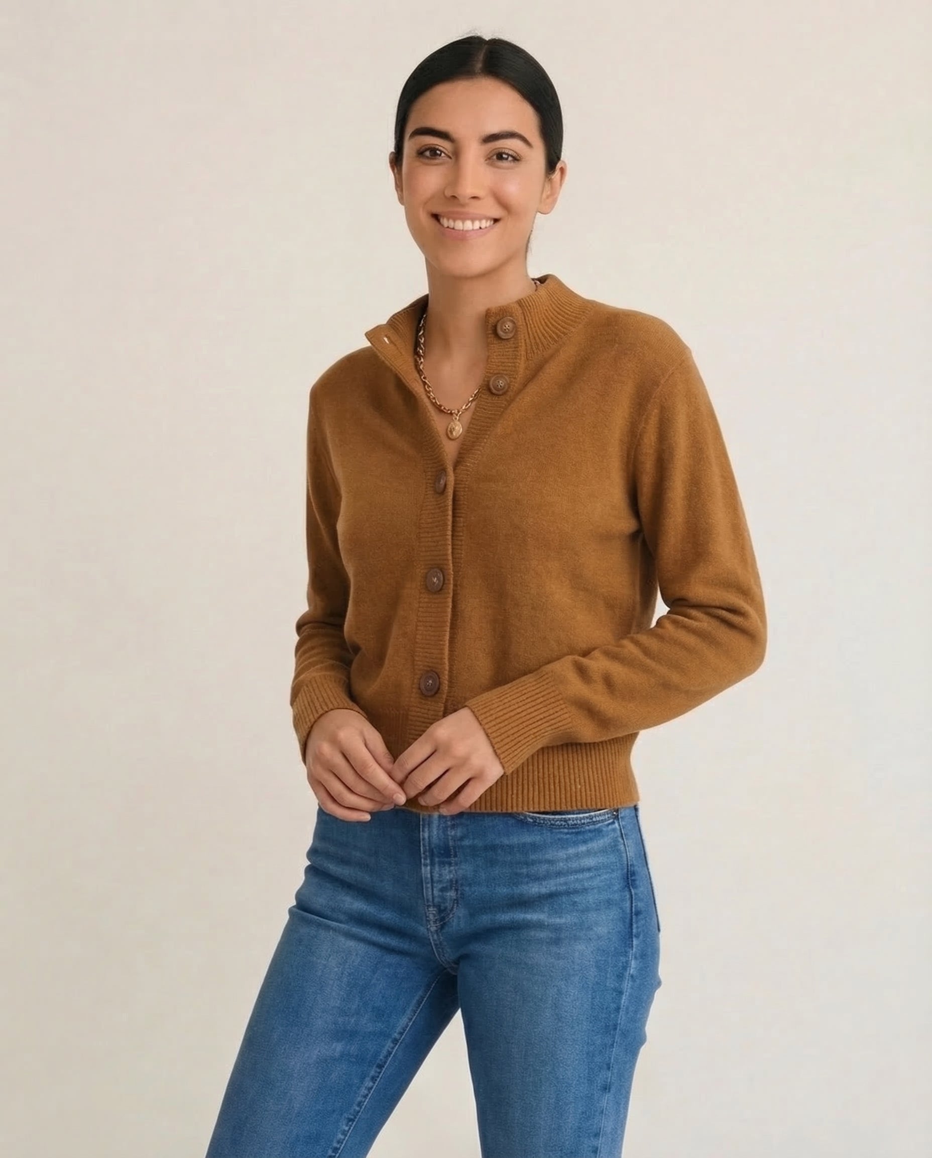 Women's Cashmere Blend Cardigan Half-High Neck Bold Button Detail