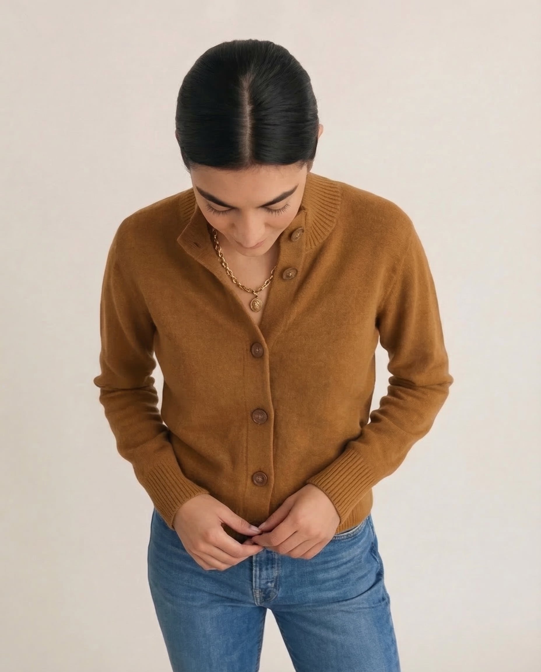 Women's Cashmere Blend Cardigan Half-High Neck Bold Button Detail