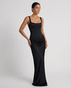 Women's Pleated Maxi Dress Off-Shoulder Cinched Waist Sling Dress