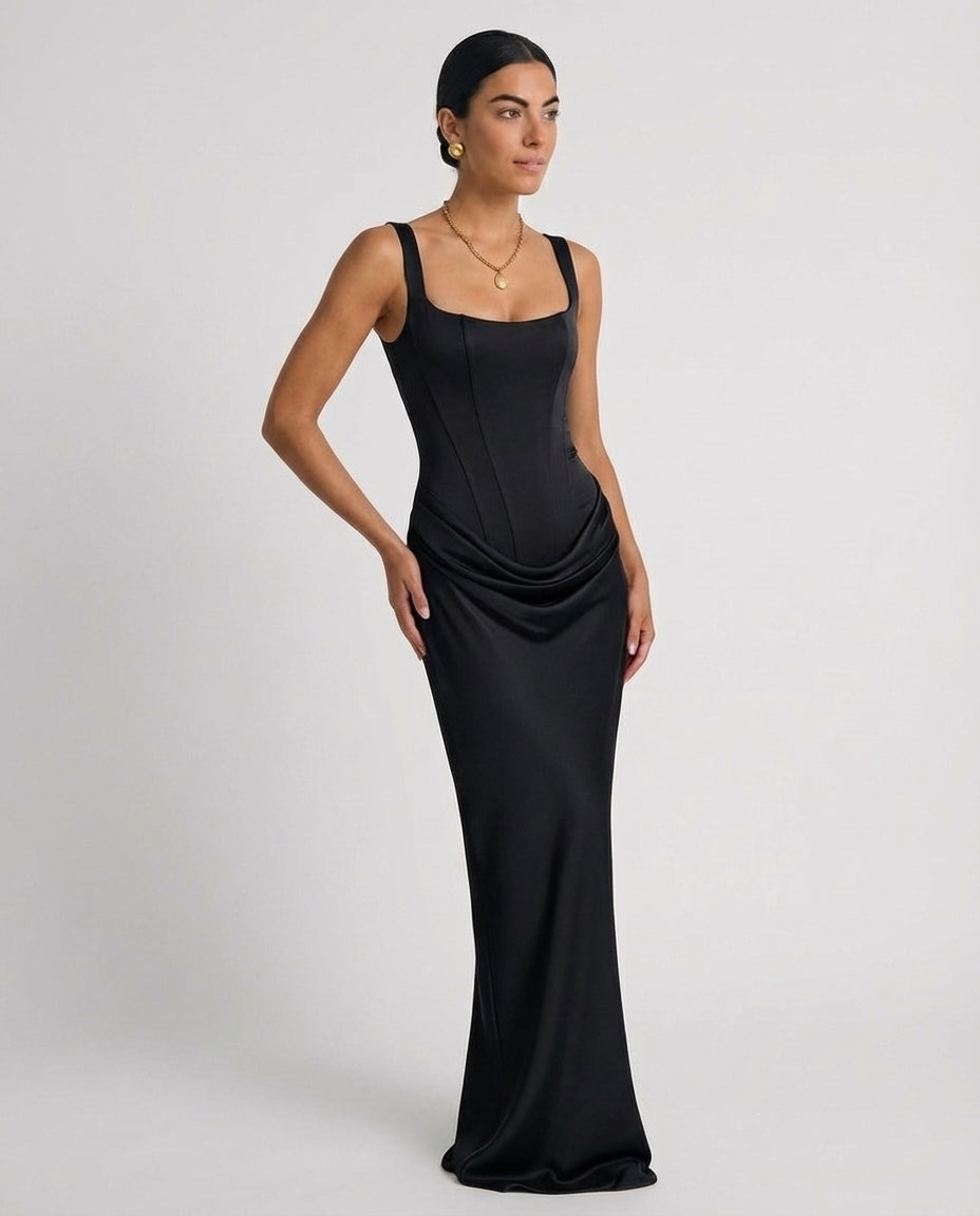 Women's Pleated Maxi Dress Off-Shoulder Cinched Waist Sling Dress