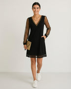 Women's Sustainable Midi Dress Cinched Waist Flowing Skirt Elegant Neckline