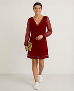 Women's Sustainable Midi Dress Cinched Waist Flowing Skirt Elegant Neckline