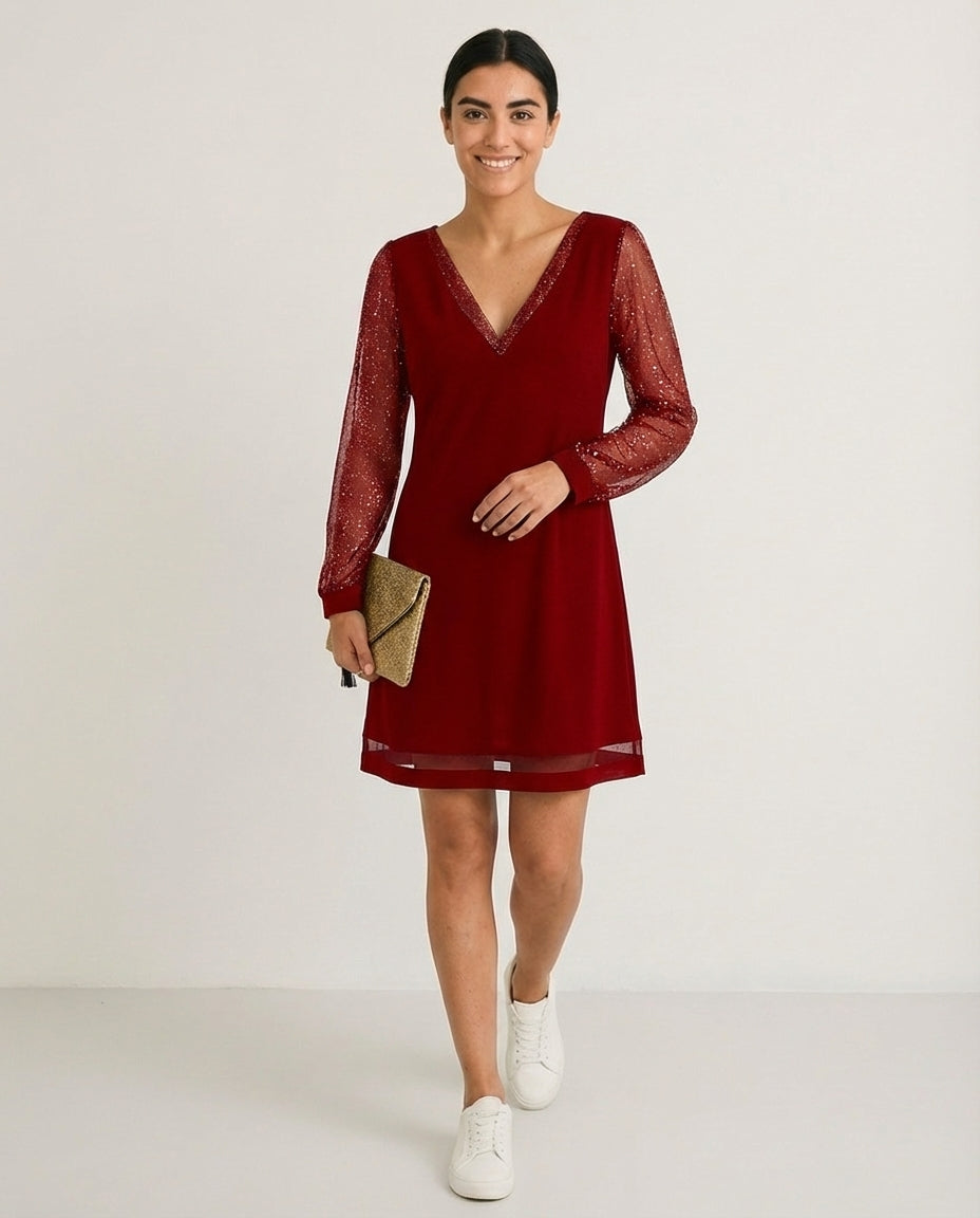 Women's Sustainable Midi Dress Cinched Waist Flowing Skirt Elegant Neckline