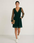 Women's Sustainable Midi Dress Cinched Waist Flowing Skirt Elegant Neckline