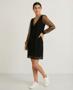 Women's Sustainable Midi Dress Cinched Waist Flowing Skirt Elegant Neckline