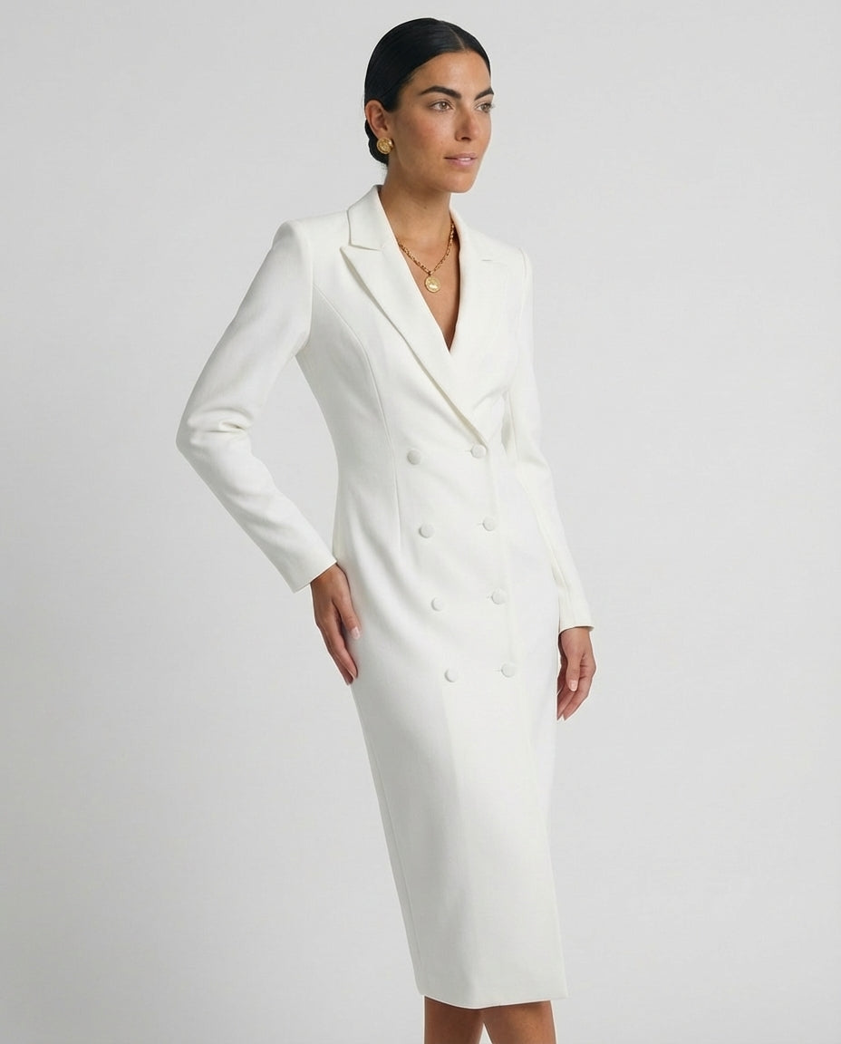 Women's Fitted Knee-Length Dress Lapel Collar Button Detail Tailored