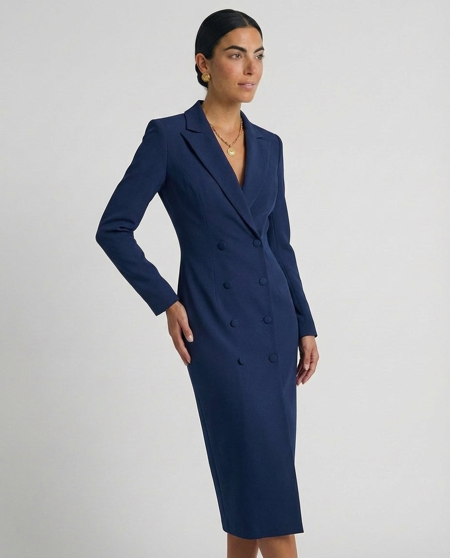 Women's Fitted Knee-Length Dress Lapel Collar Button Detail Tailored
