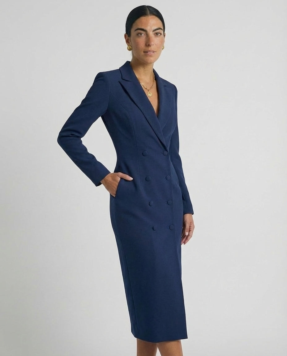 Women's Fitted Knee-Length Dress Lapel Collar Button Detail Tailored