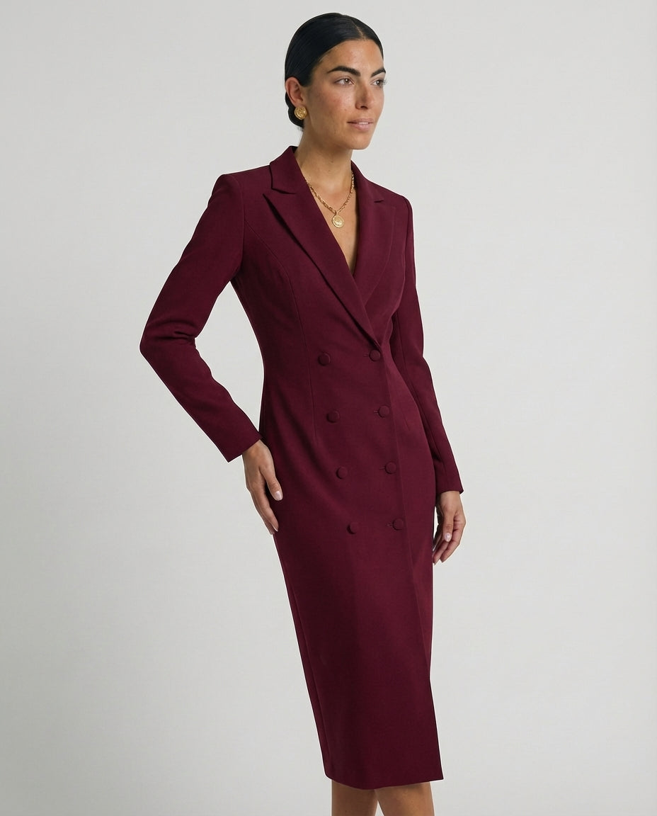 Women's Fitted Knee-Length Dress Lapel Collar Button Detail Tailored