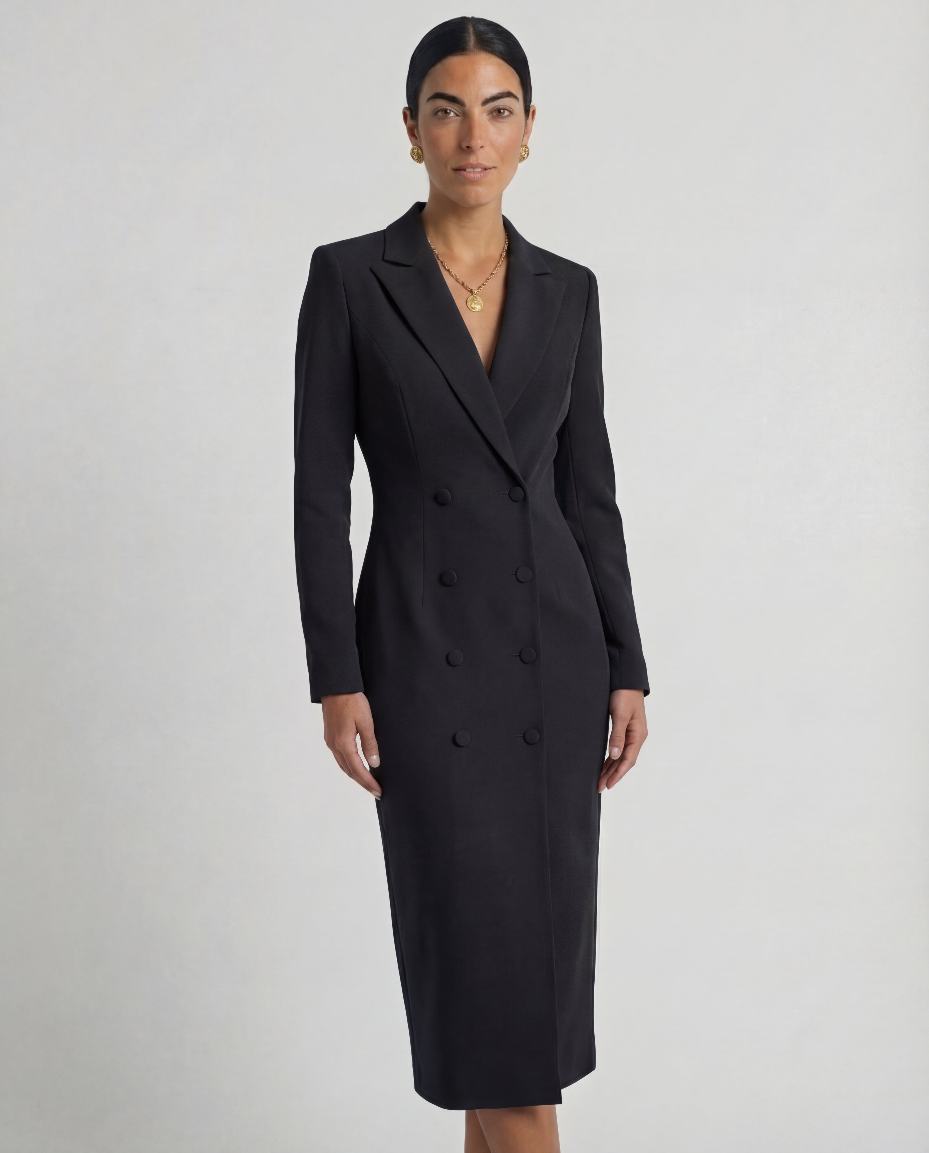 Women's Fitted Knee-Length Dress Lapel Collar Button Detail Tailored