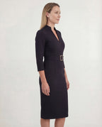 Women's Sheath Midi Dress Belted Waist Structured Collar Tailored Fit