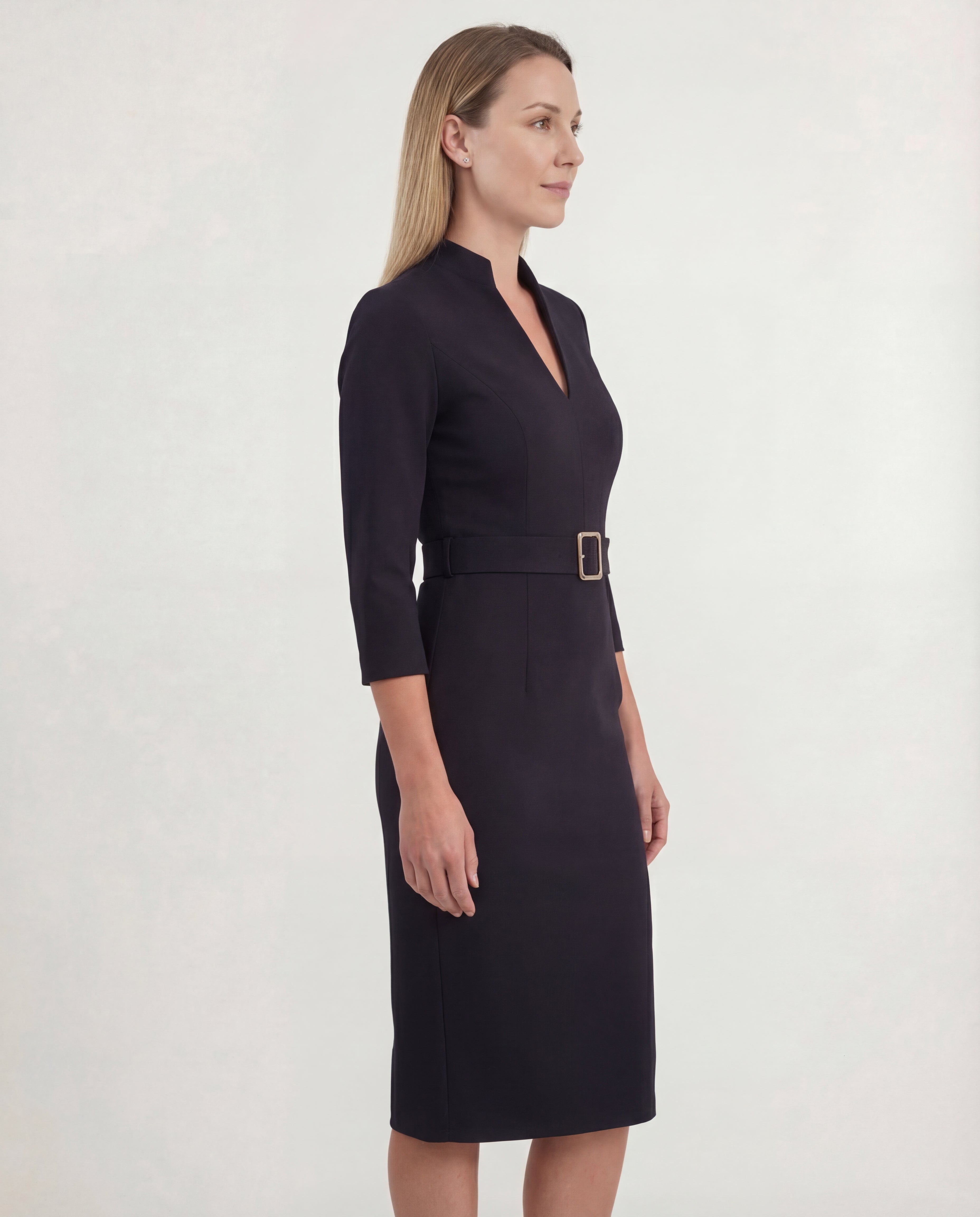 Women's Sheath Midi Dress Belted Waist Structured Collar Tailored Fit